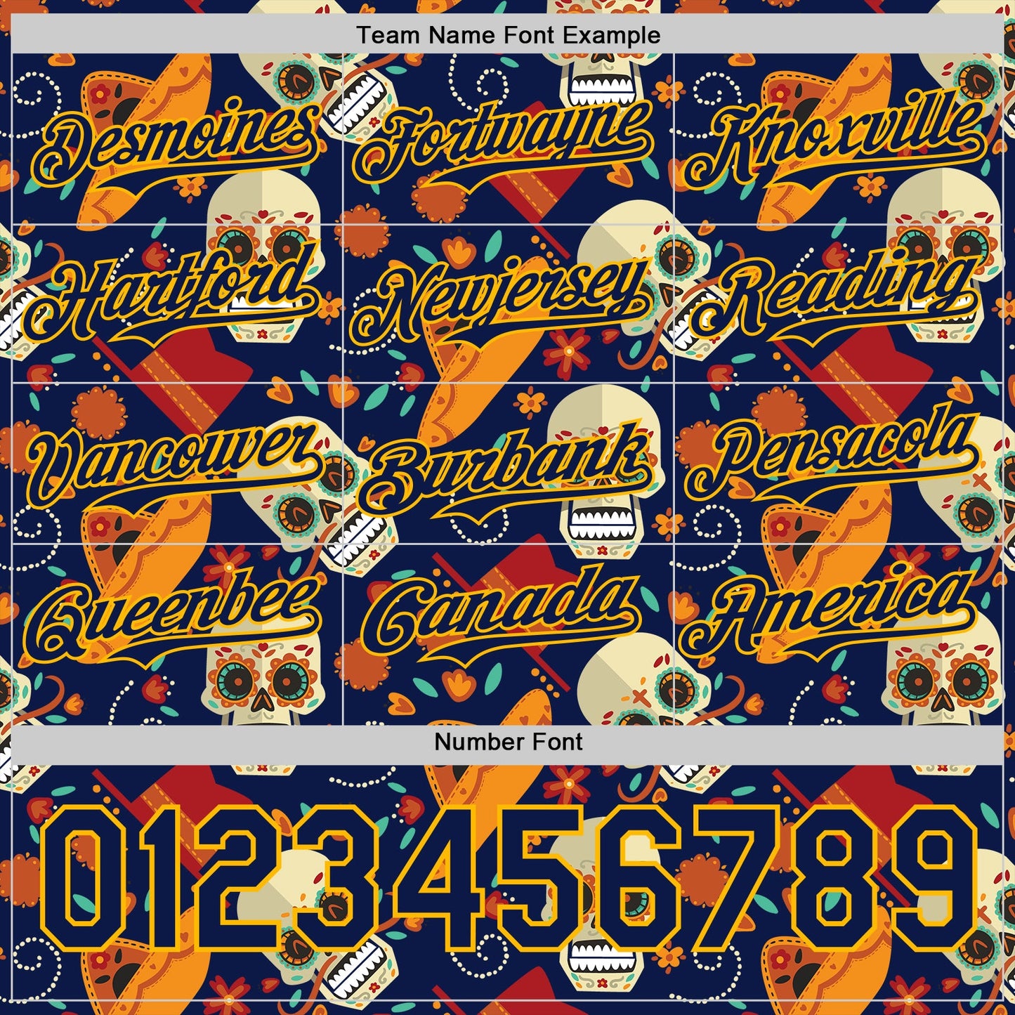 Custom Navy Gold Sugar Skull Day of the Dead Mexican Folk Art Authentic Baseball Jersey view 5