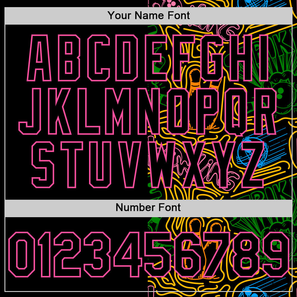 Custom Black Pink Grass Green-Gold Bowling Doodle Split Authentic Baseball Jersey view 5