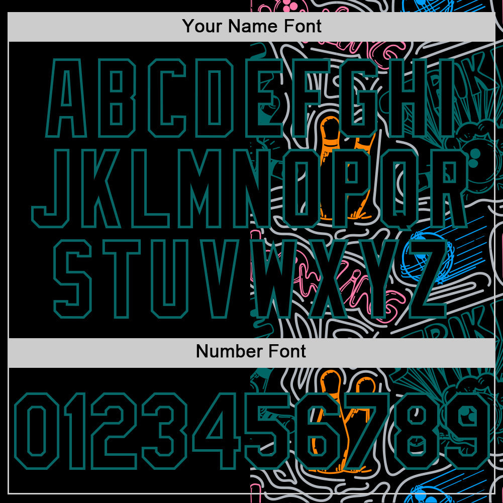 Custom Black Teal-Gray Bowling Doodle Split Authentic Baseball Jersey view 5