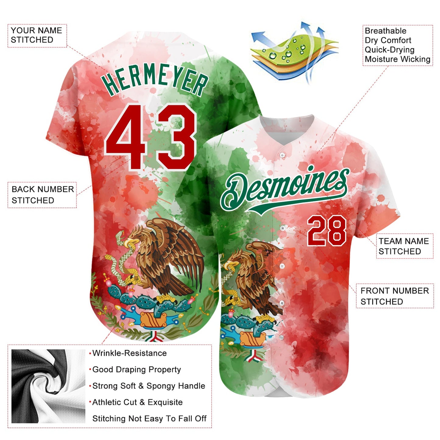 Custom Kelly Green Red-White 3D Mexican Flag Watercolored Splashes Grunge Design Authentic Baseball Jersey view 3