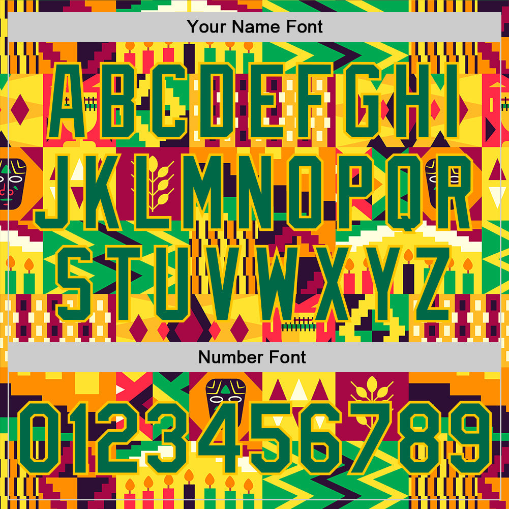 Custom Yellow Kelly Green 3D Pattern Design African Happy Kwanzaa Authentic Baseball Jersey view 4