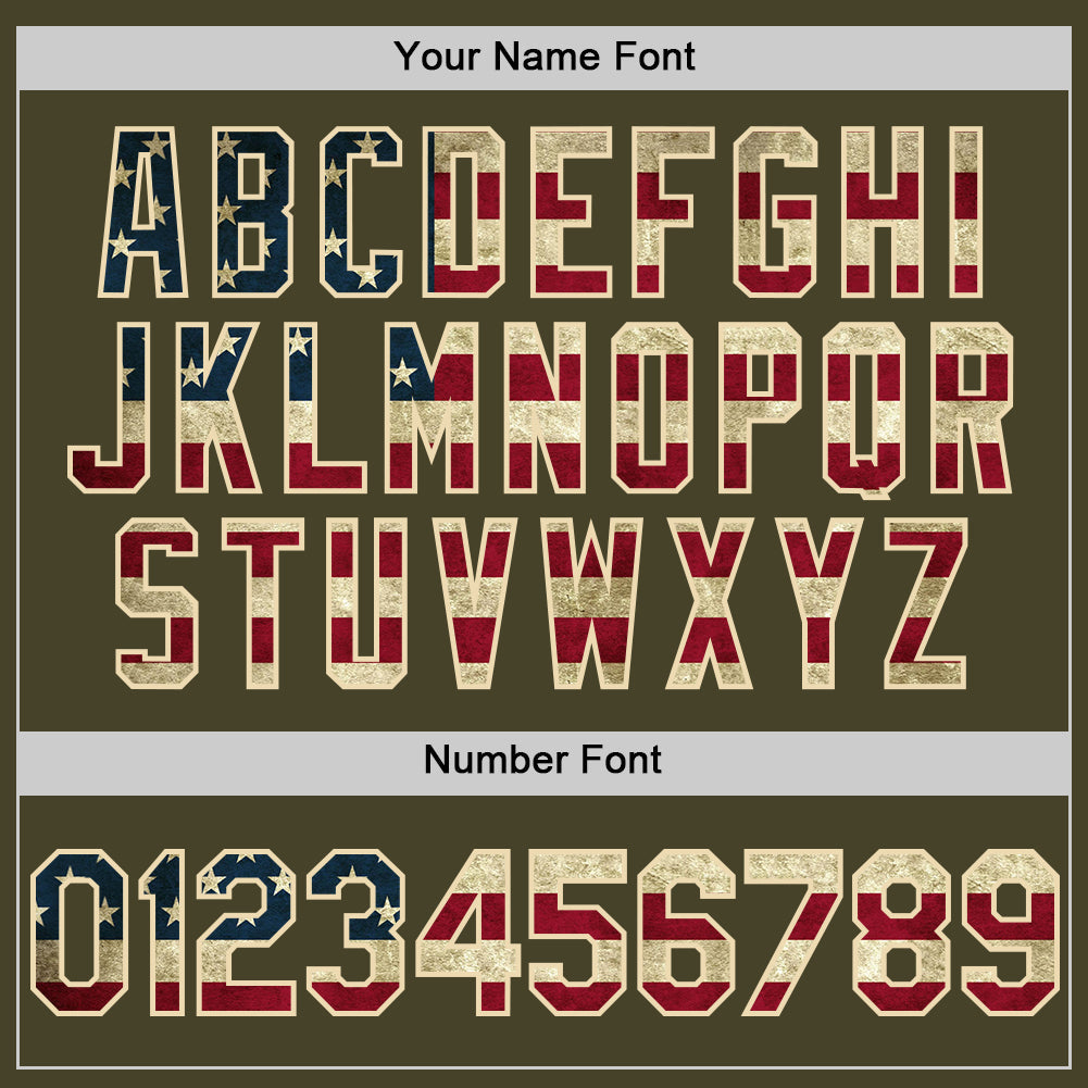 Custom Olive Vintage USA Flag Cream-Maroon Line Authentic Salute To Service Baseball Jersey view 5