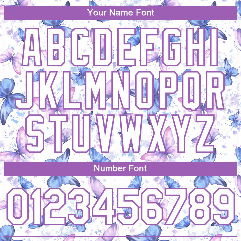 Custom White Medium Purple 3D Pattern Design Animal Butterfly Authentic Baseball Jersey view 5