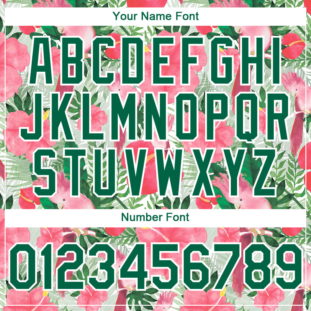 Custom White Kelly Green 3D Pattern Design Tropical Plant And Bird Authentic Baseball Jersey view 5