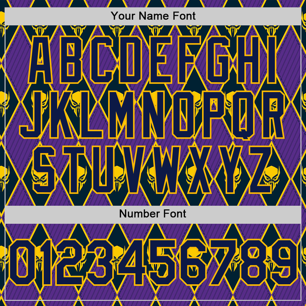 Custom Purple Navy-Gold 3D Skull Authentic Baseball Jersey view 5