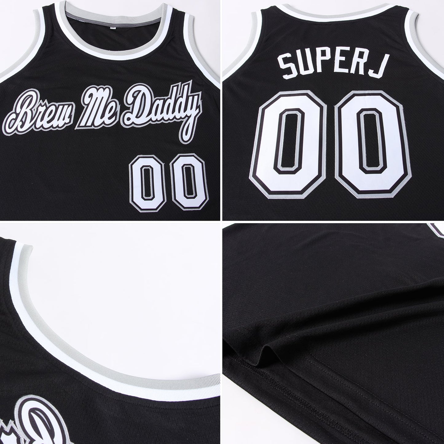 Custom Black White-Gray Round Neck Rib-Knit Basketball Jersey view 5