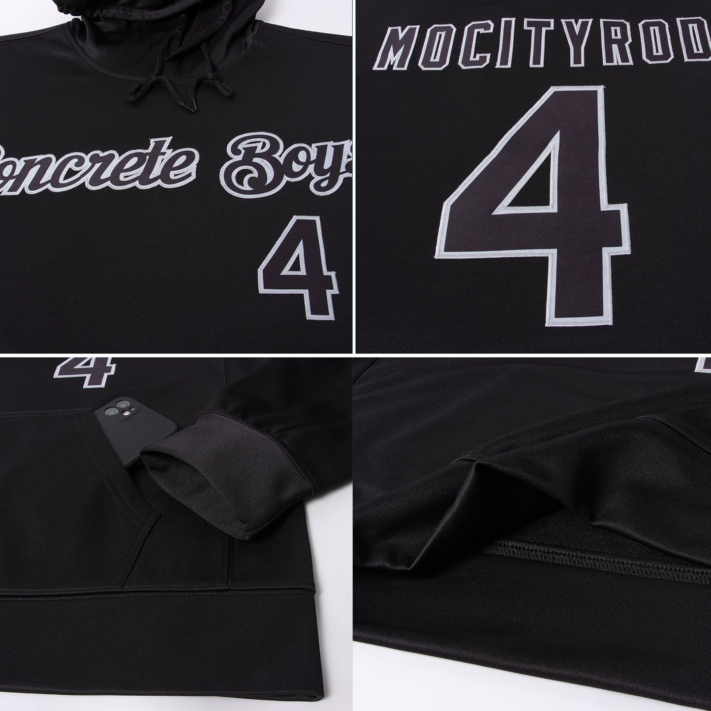 Custom Stitched Black Black-Gray Sports Pullover Sweatshirt Hoodie view 7