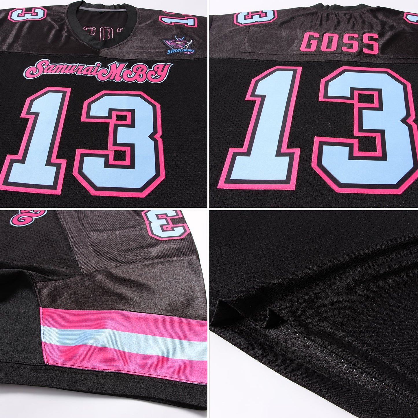 Custom Black Light Blue-Pink Mesh Authentic Football Jersey view 5
