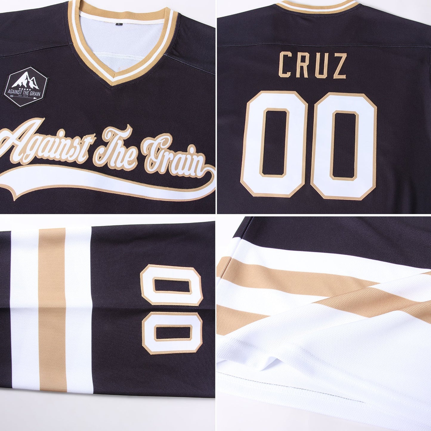 Custom Black White-Old Gold Hockey Jersey view 5