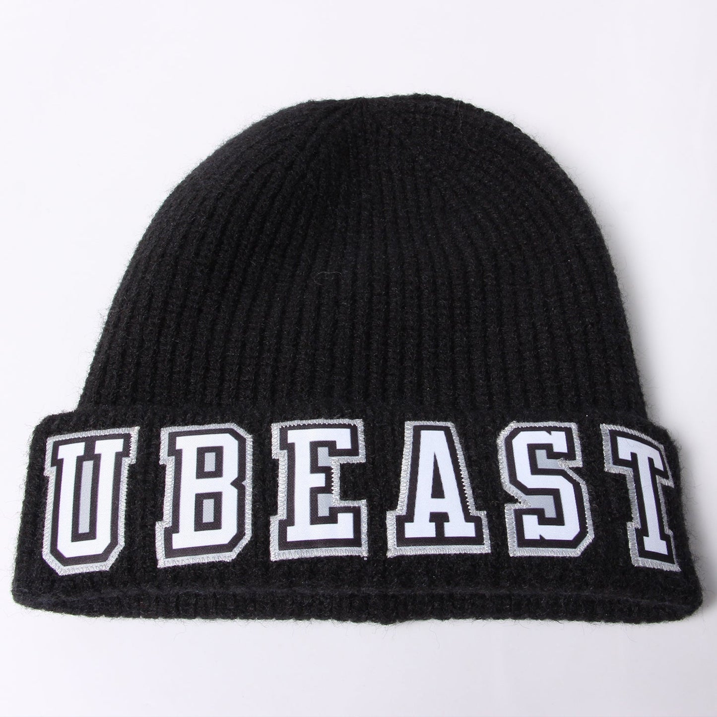 Custom Black White-Gray Stitched Cuffed Knit Hat view 3