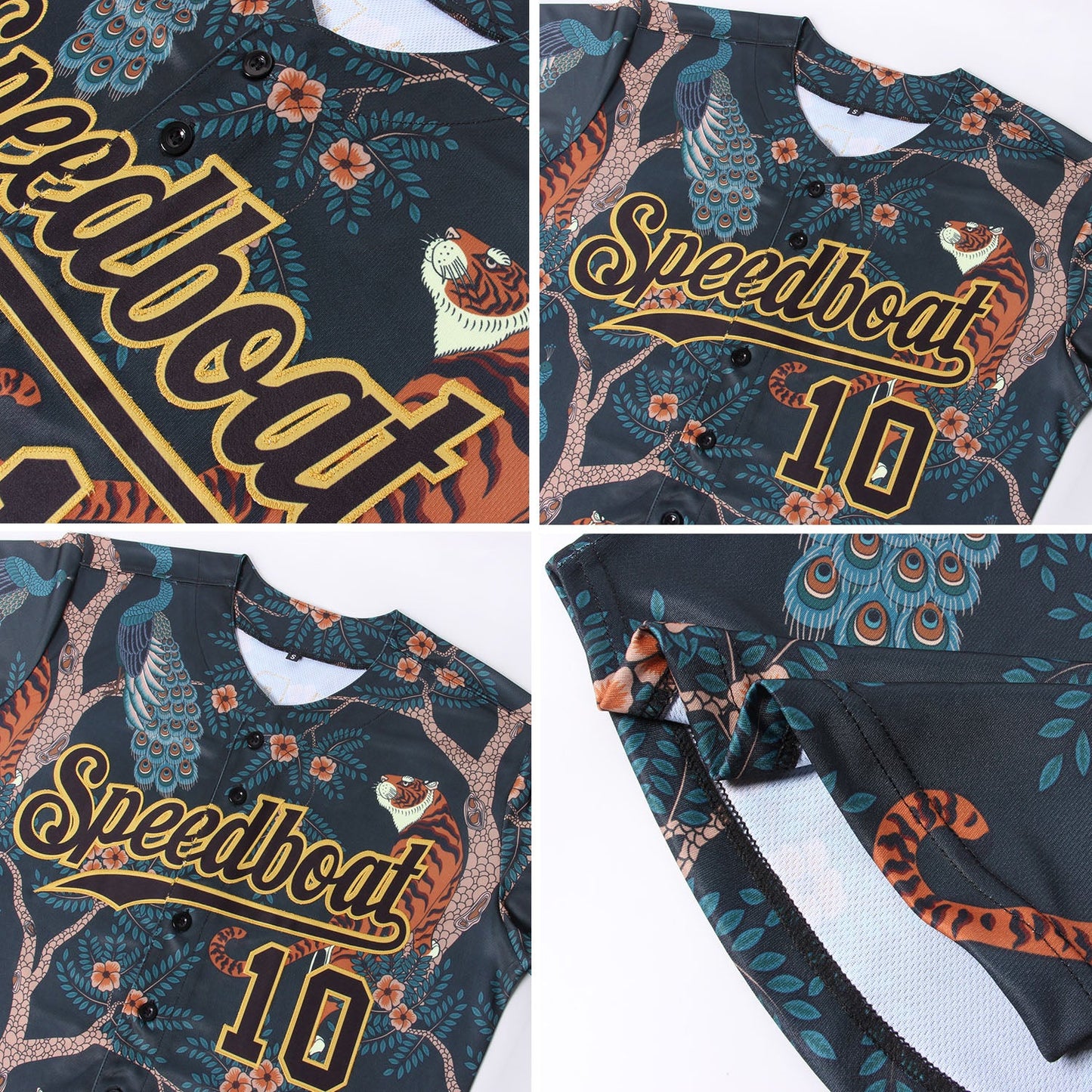 Custom Black Black-Old Gold 3D Pattern Design Tiger And Peacock Authentic Baseball Jersey view 6