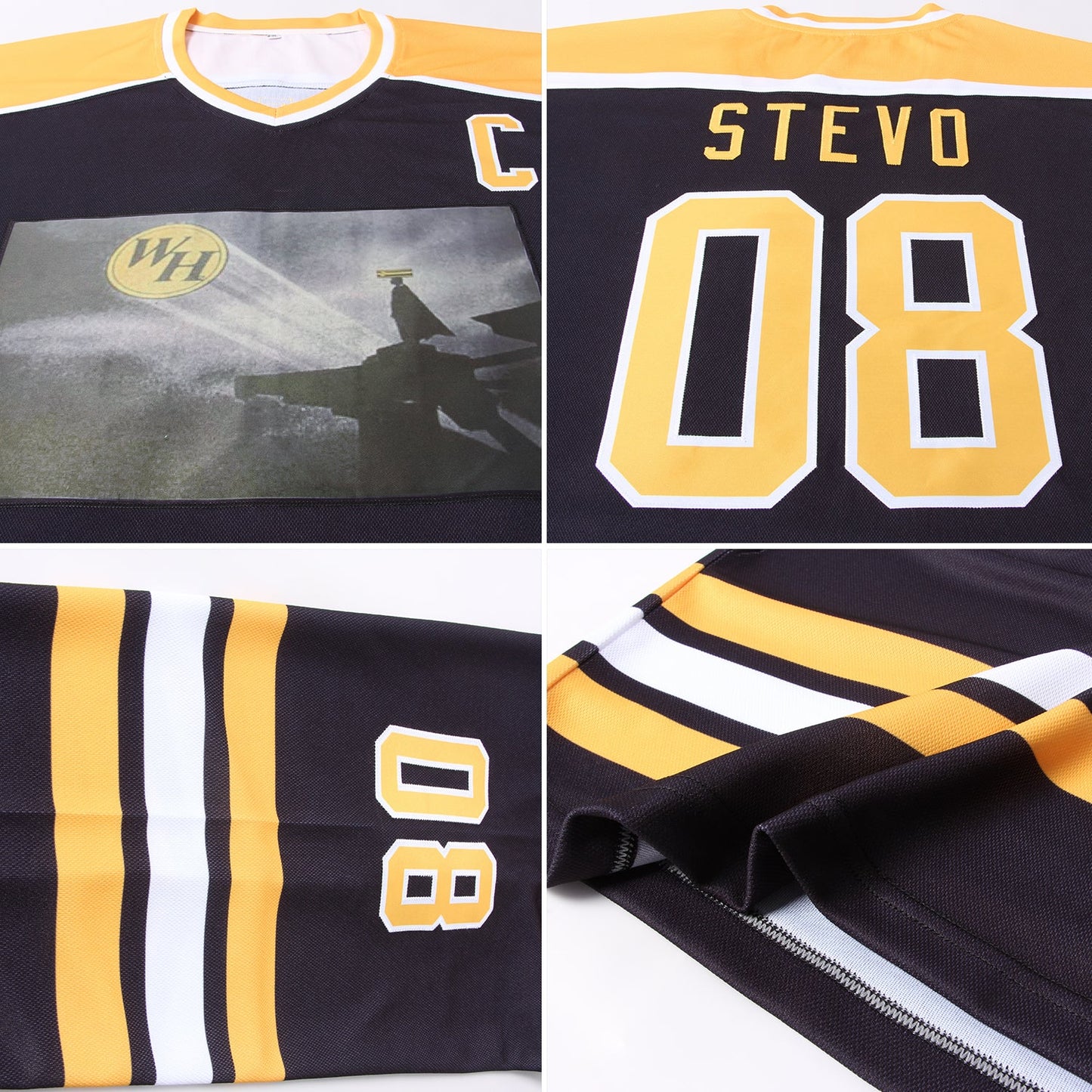 Custom Black Gold-White Hockey Jersey view 5