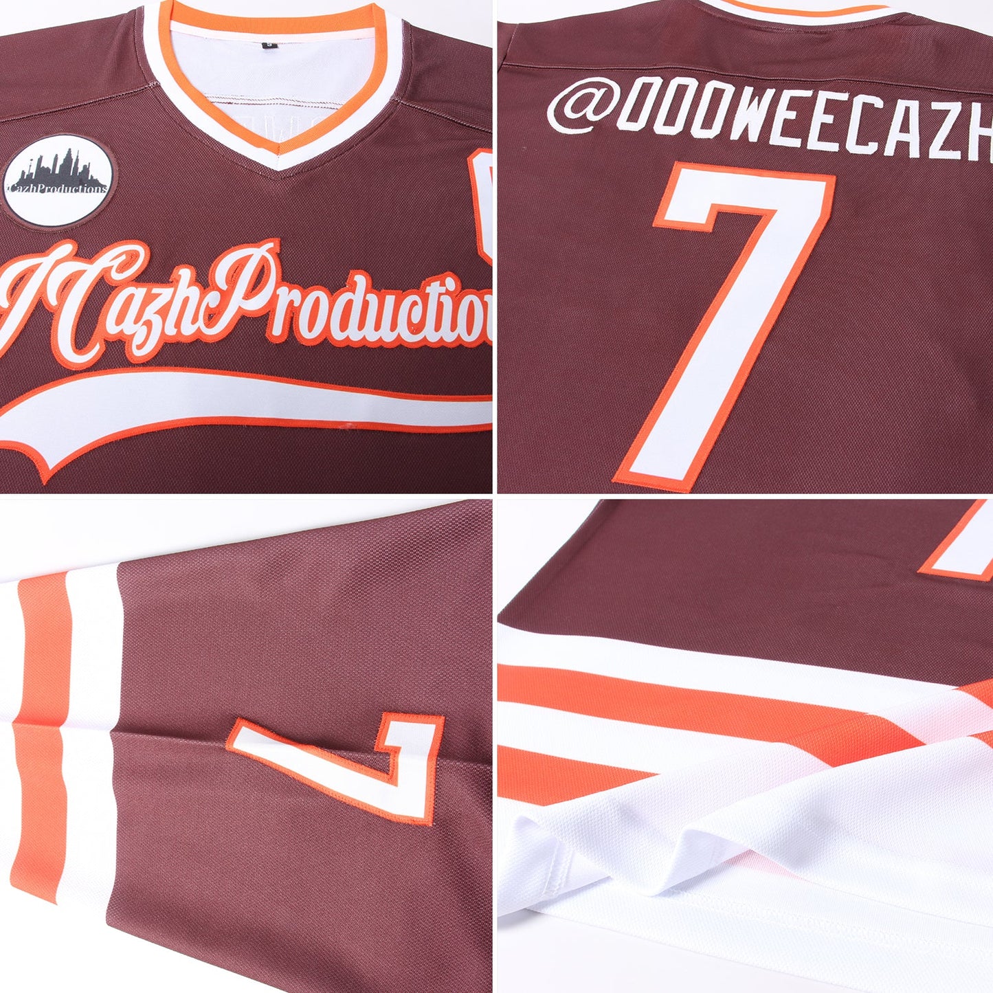 Custom Brown White-Orange Hockey Jersey view 7
