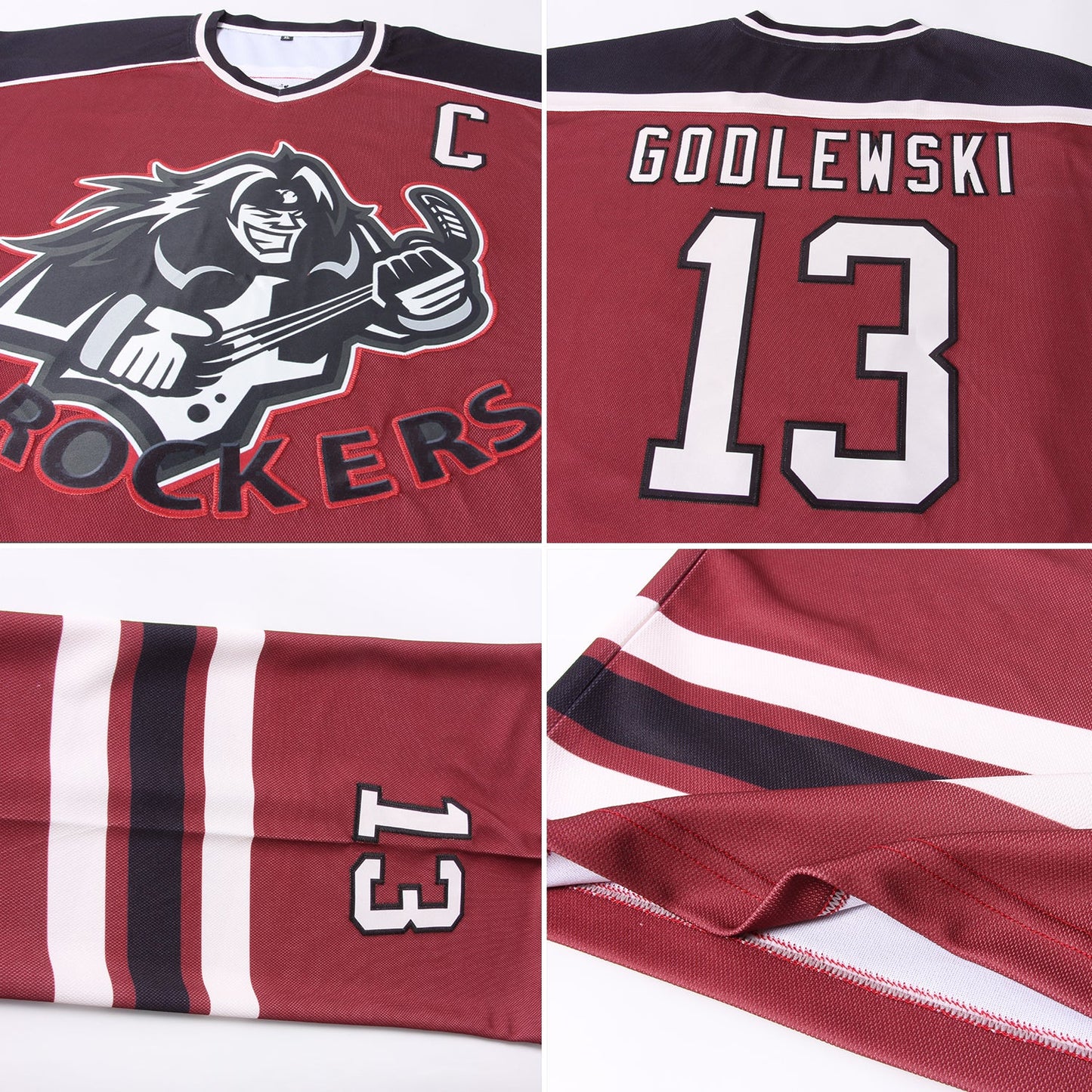 Custom Burgundy Cream-Black Hockey Jersey view 5