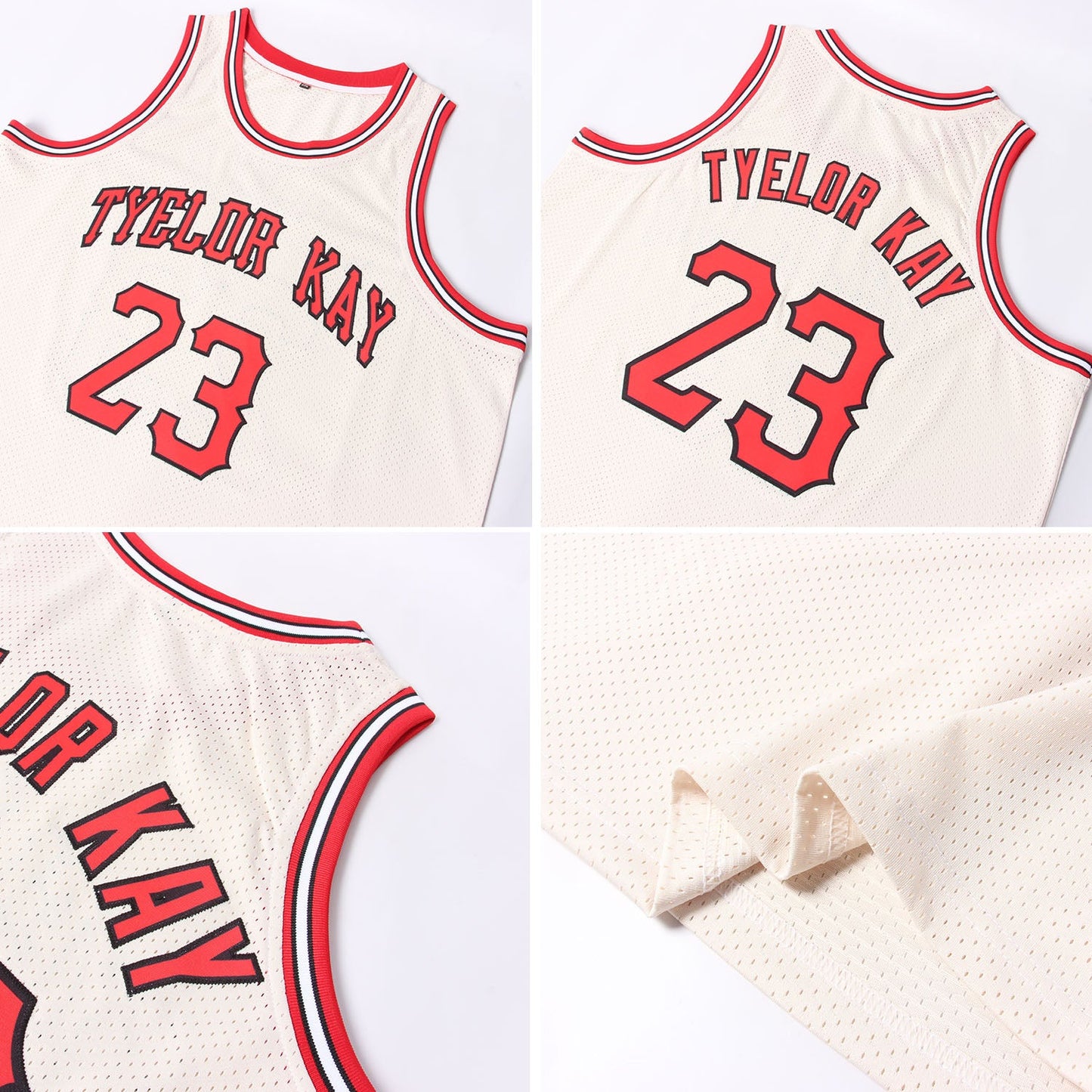 Custom Cream Red-Black Authentic Throwback Basketball Jersey view 5