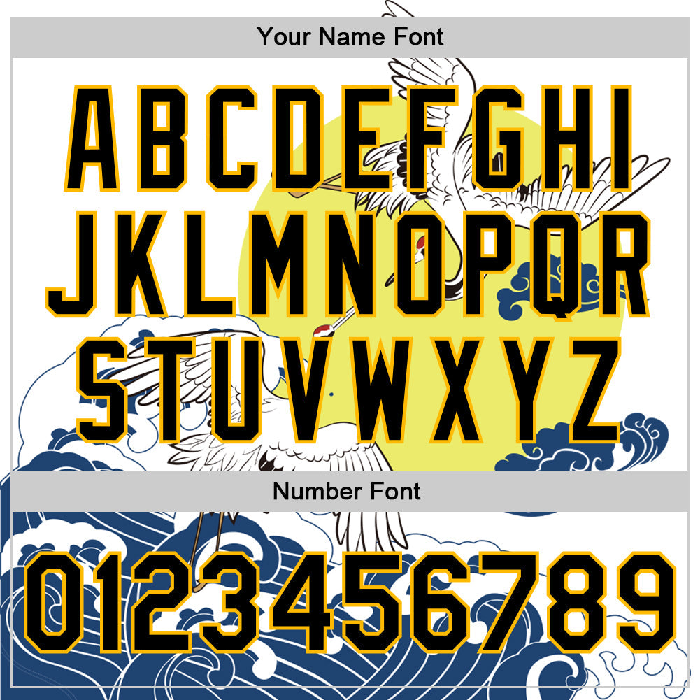 Custom White Black-Gold Heron And Wave 3D Pattern Design Bomber Full-Snap Varsity Letterman Jacket view 7