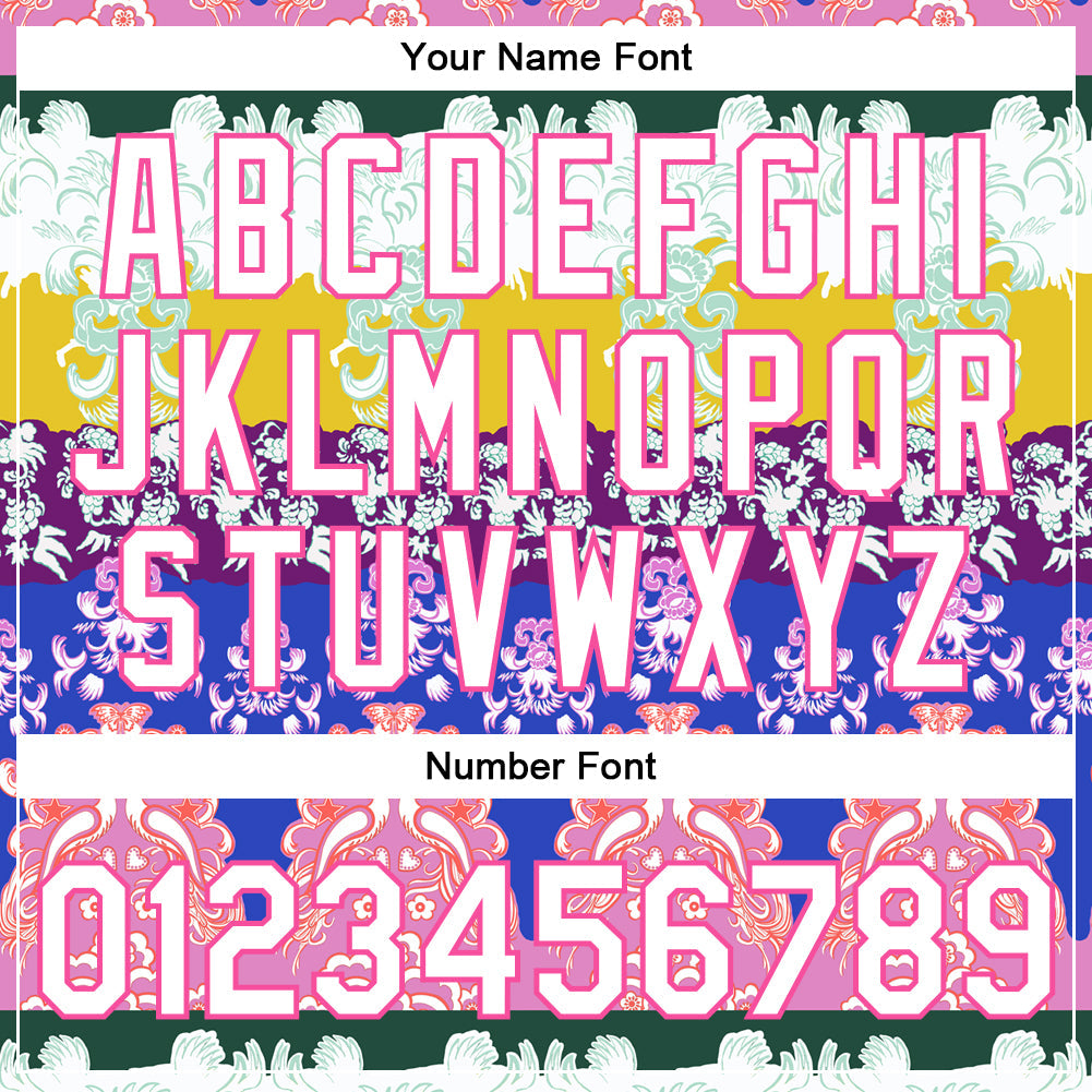 Custom White Pink-Gold Heron 3D Pattern Design Bomber Full-Snap Varsity Letterman Jacket view 7