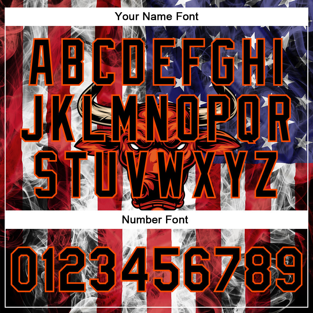 Custom Royal Black Orange-Red American Flag With Head Of Bull 3D Pattern Design Bomber Full-Snap Varsity Letterman Jacket view 7