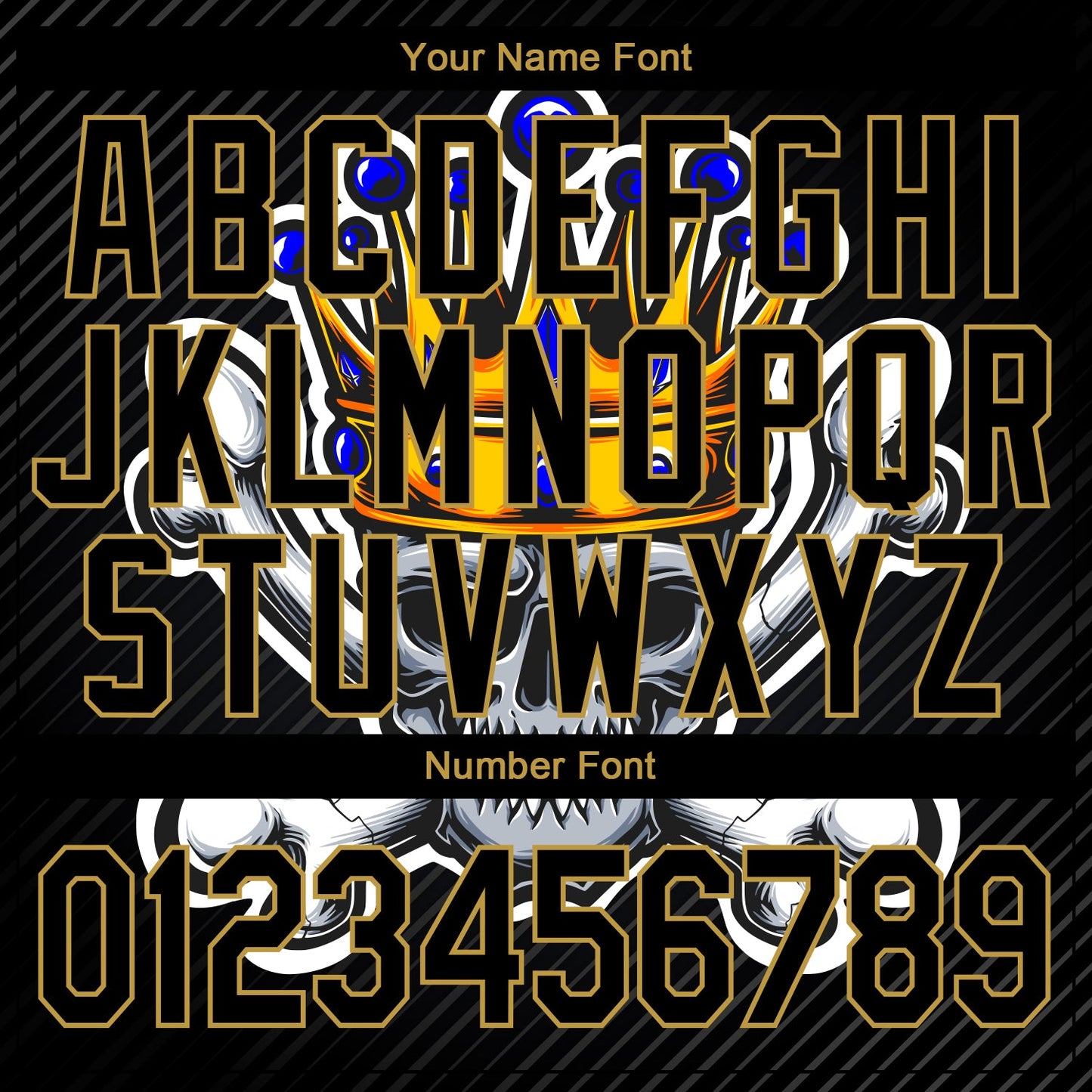 Custom Black Old Gold Skull With Gold Crown And Crossing Bones 3D Bomber Full-Snap Varsity Letterman Jacket view 7