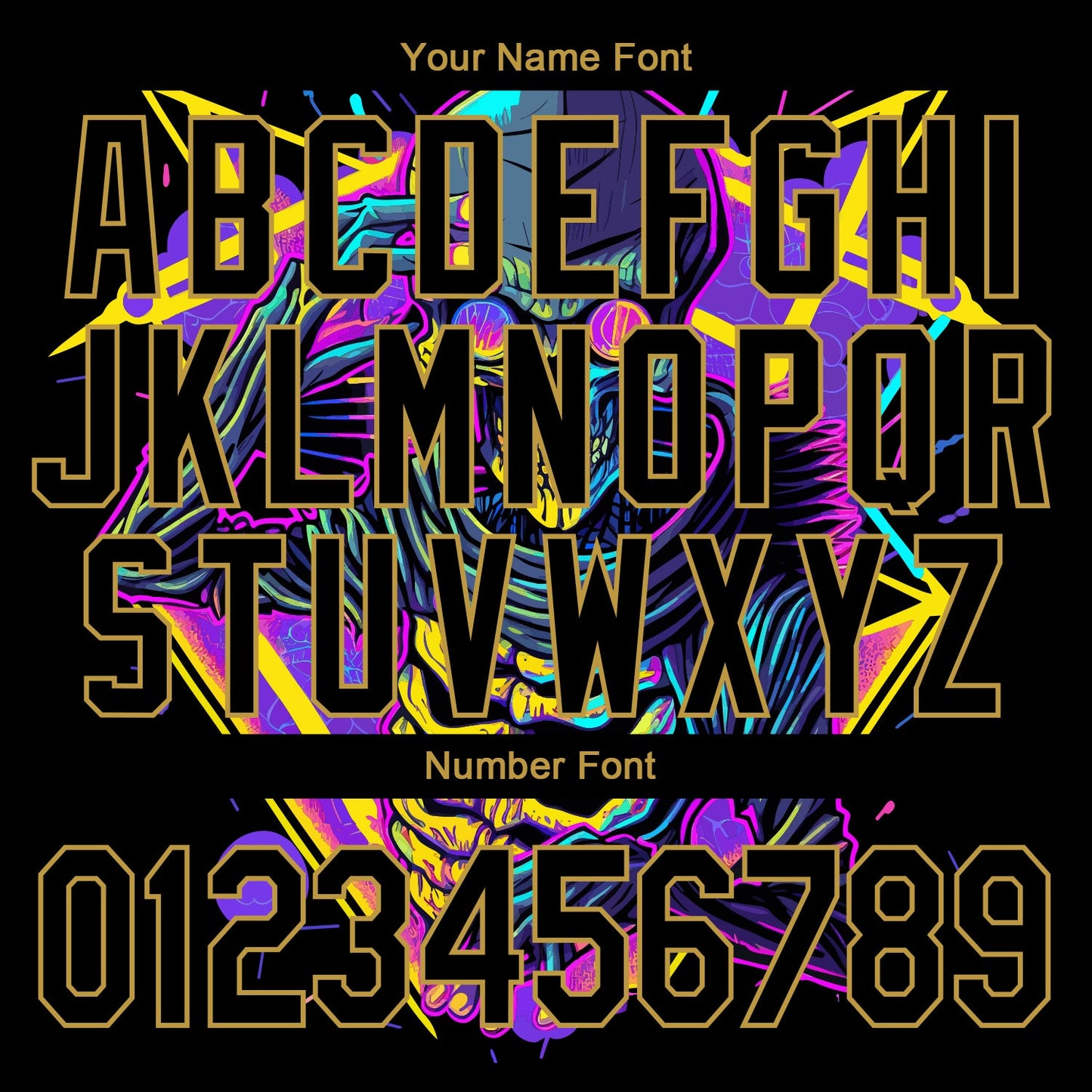 Custom Black Old Gold Psychedelic Skeleton Metal Apparel Dark Art 3D Bomber Full-Snap Varsity Letterman Jacket view 7