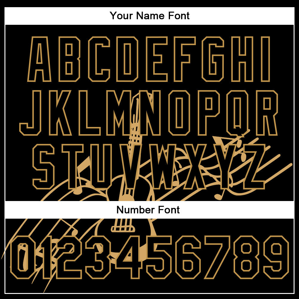 Custom Black Old Gold Guitar Music Festival 3D Pattern Design Bomber Full-Snap Varsity Letterman Jacket view 7