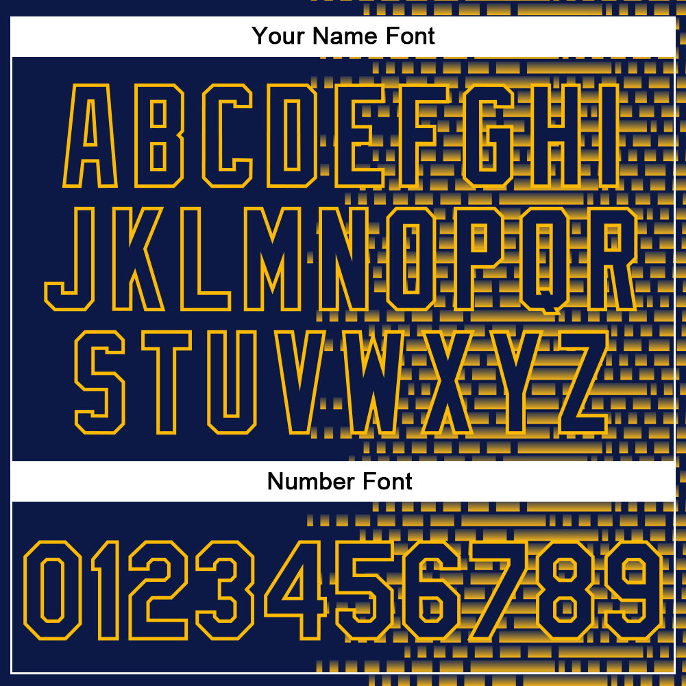 Custom Navy Gold Halftone 3D Pattern Design Bomber Full-Snap Varsity Letterman Jacket view 7