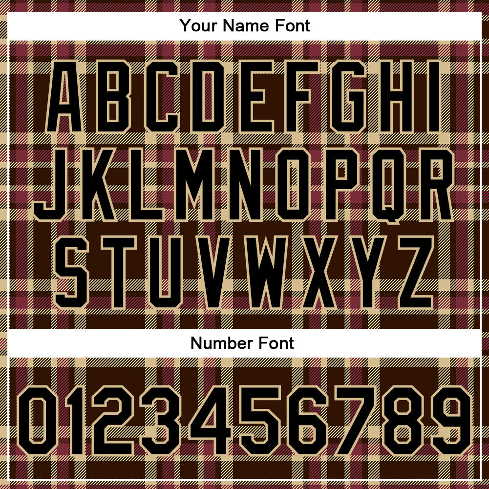 Custom Brown Black Vegas Gold City Cream-Crimson Classic Western Plaid 3D Pattern Design Bomber Full-Snap Varsity Letterman Jacket view 7
