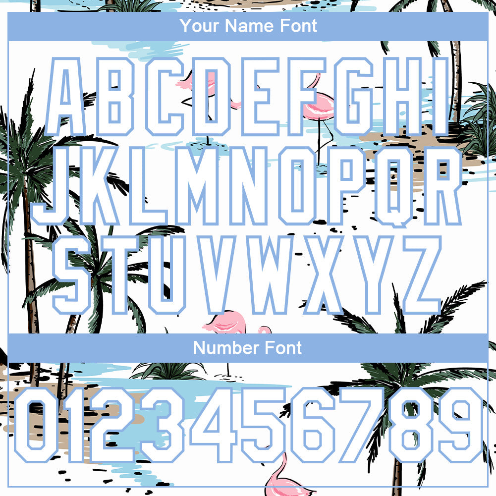 Custom White Light Blue Tropical Hawaii Palm Trees 3D Bomber Full-Snap Varsity Letterman Hoodie Jacket view 5