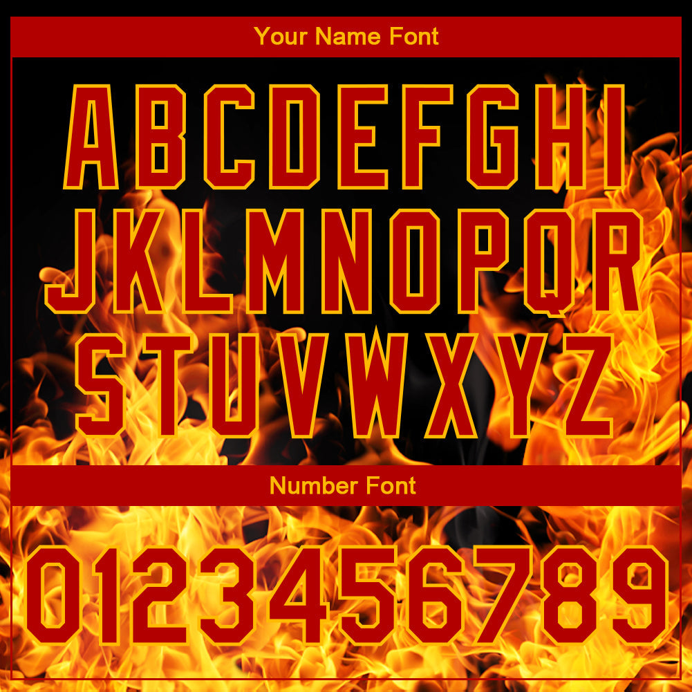 Custom Black Red-Gold Flame 3D Pattern Design Bomber Full-Snap Varsity Letterman Jacket view 7