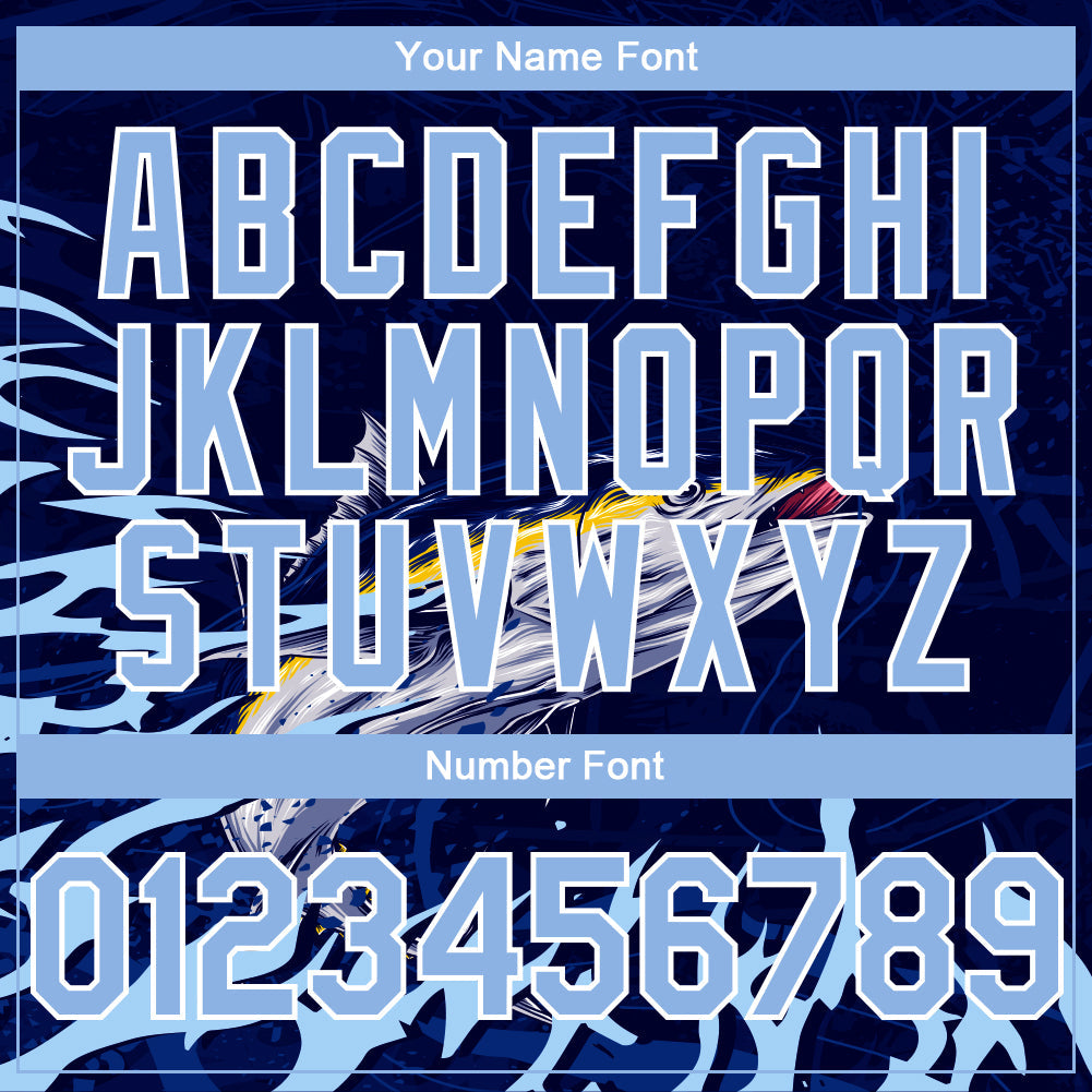 Custom Navy Light Blue-White Tuna Fish Fishing 3D Bomber Full-Snap Varsity Letterman Hoodie Jacket view 5