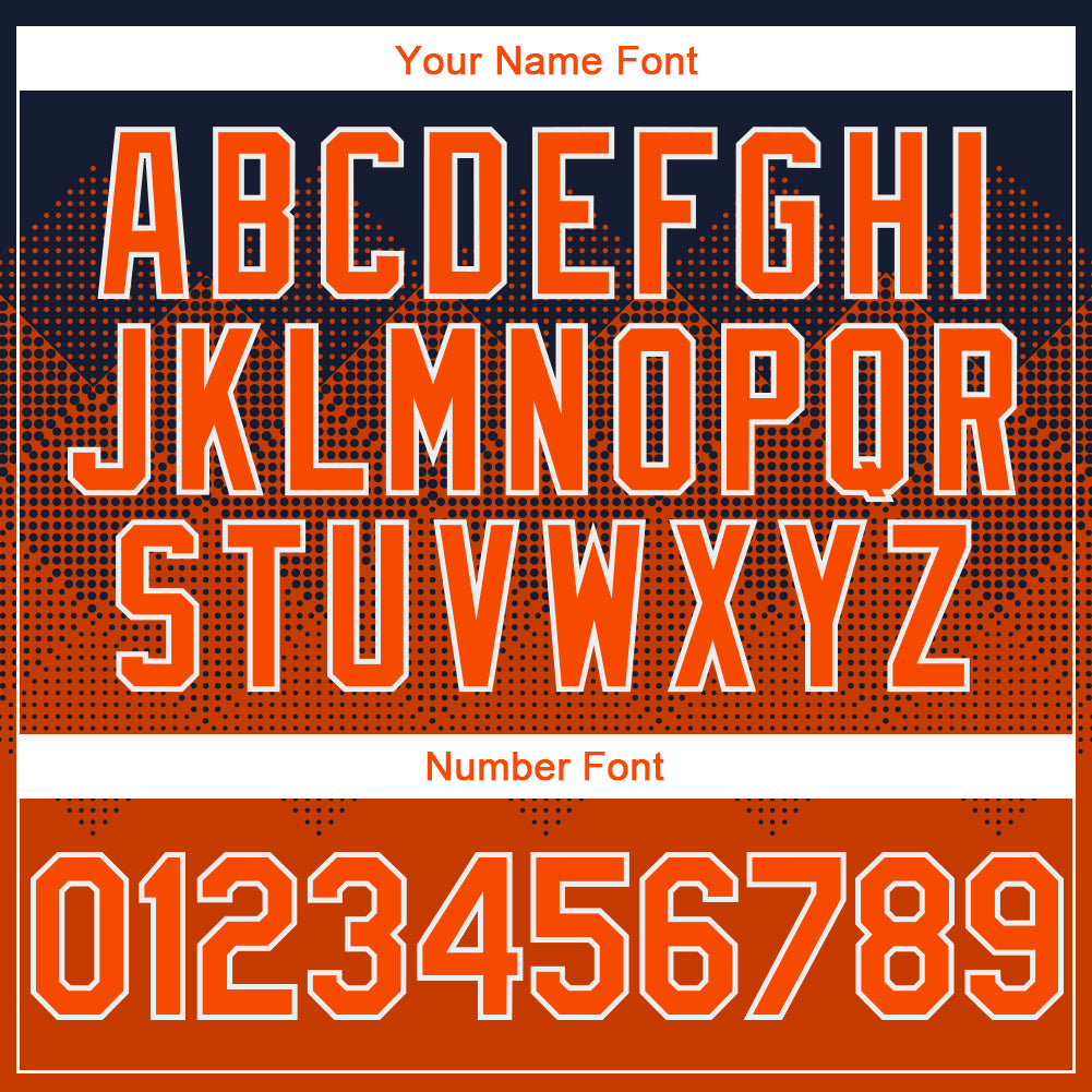 Custom Navy Orange-White Gradient Square Shape 3D Pattern Design Bomber Full-Snap Varsity Letterman Hoodie Jacket view 5