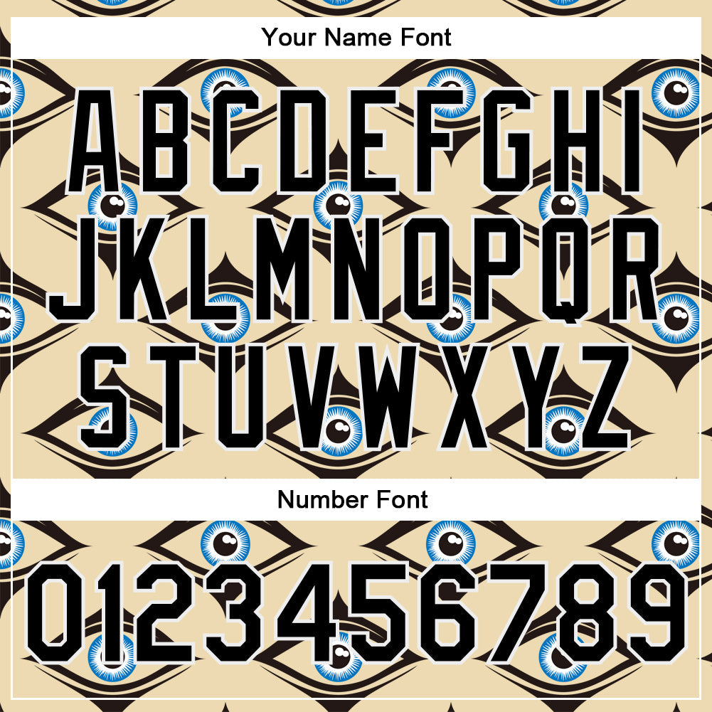 Custom Cream Black-White Evil Eyes 3D Pattern Design Bomber Full-Snap Varsity Letterman Jacket view 7