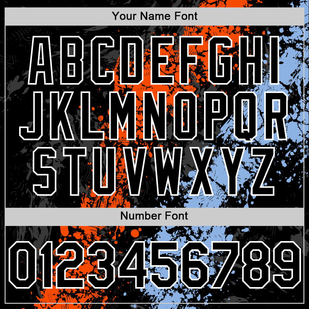 Custom Black Orange Light Blue-White Splash Art 3D Pattern Design Bomber Full-Snap Varsity Letterman Hoodie Jacket view 6