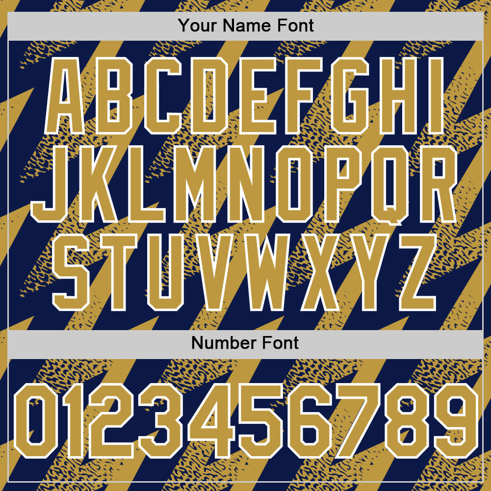Custom Navy Old Gold-White Zigzag Shape 3D Pattern Design Bomber Full-Snap Varsity Letterman Hoodie Jacket view 6