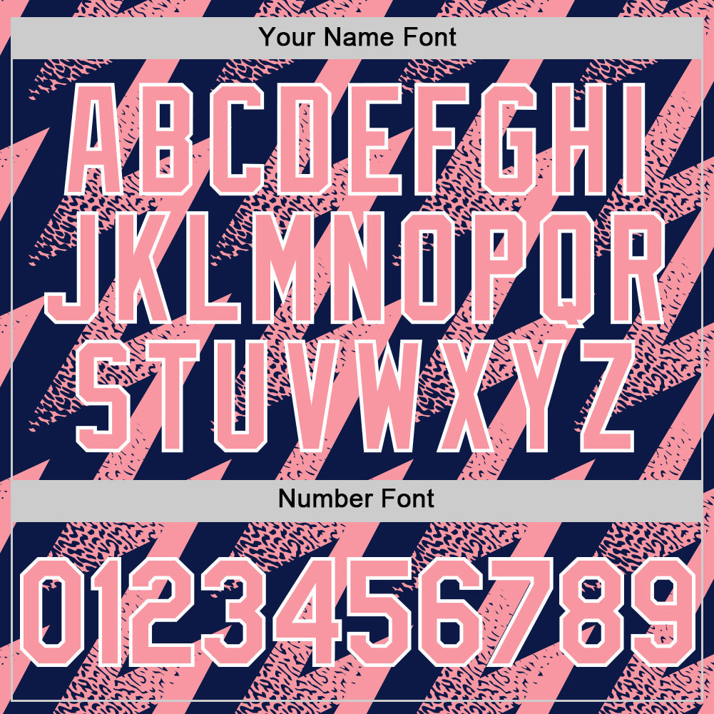 Custom Navy Medium Pink-White Zigzag Shape 3D Pattern Design Bomber Full-Snap Varsity Letterman Hoodie Jacket view 6