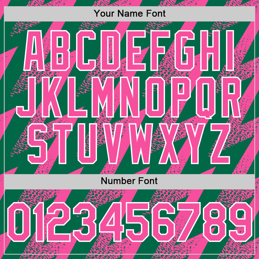 Custom Kelly Green Pink-White Zigzag Shape 3D Pattern Design Bomber Full-Snap Varsity Letterman Hoodie Jacket view 6