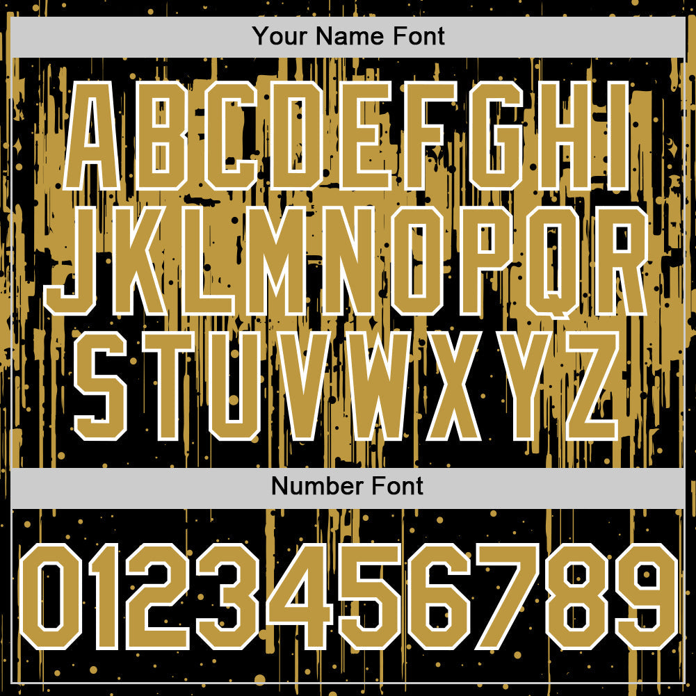 Custom Black Old Gold-White Dripping Splatter Bomber Full-Snap Varsity Letterman Hoodie Jacket view 6