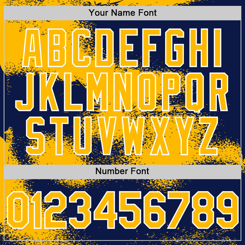 Custom Navy Gold-White Abstract Color Blocks Fragment Pattern Bomber Full-Snap Varsity Letterman Hoodie Jacket view 6