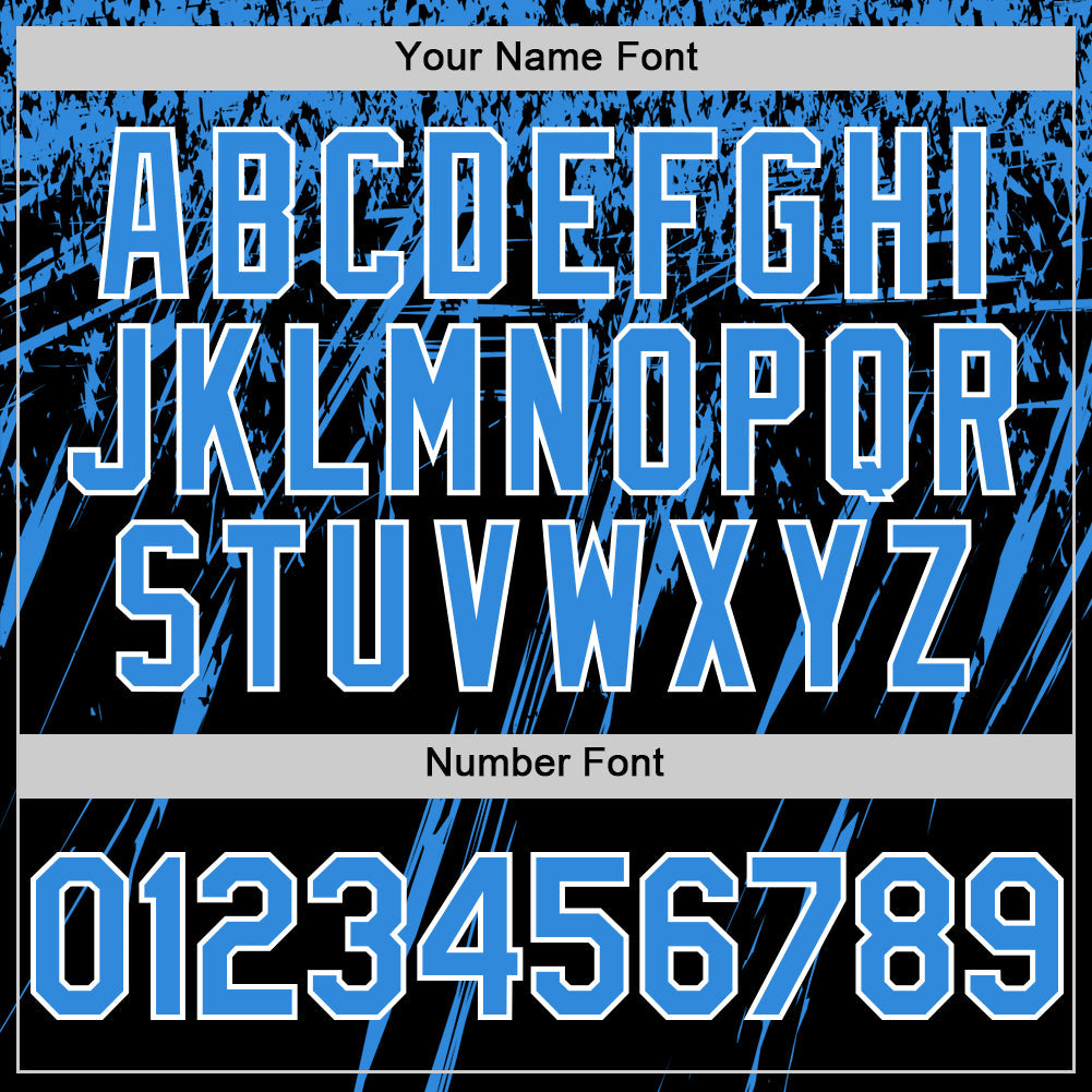 Custom Black Powder Blue-White Splash Bomber Full-Snap Varsity Letterman Hoodie Jacket view 6