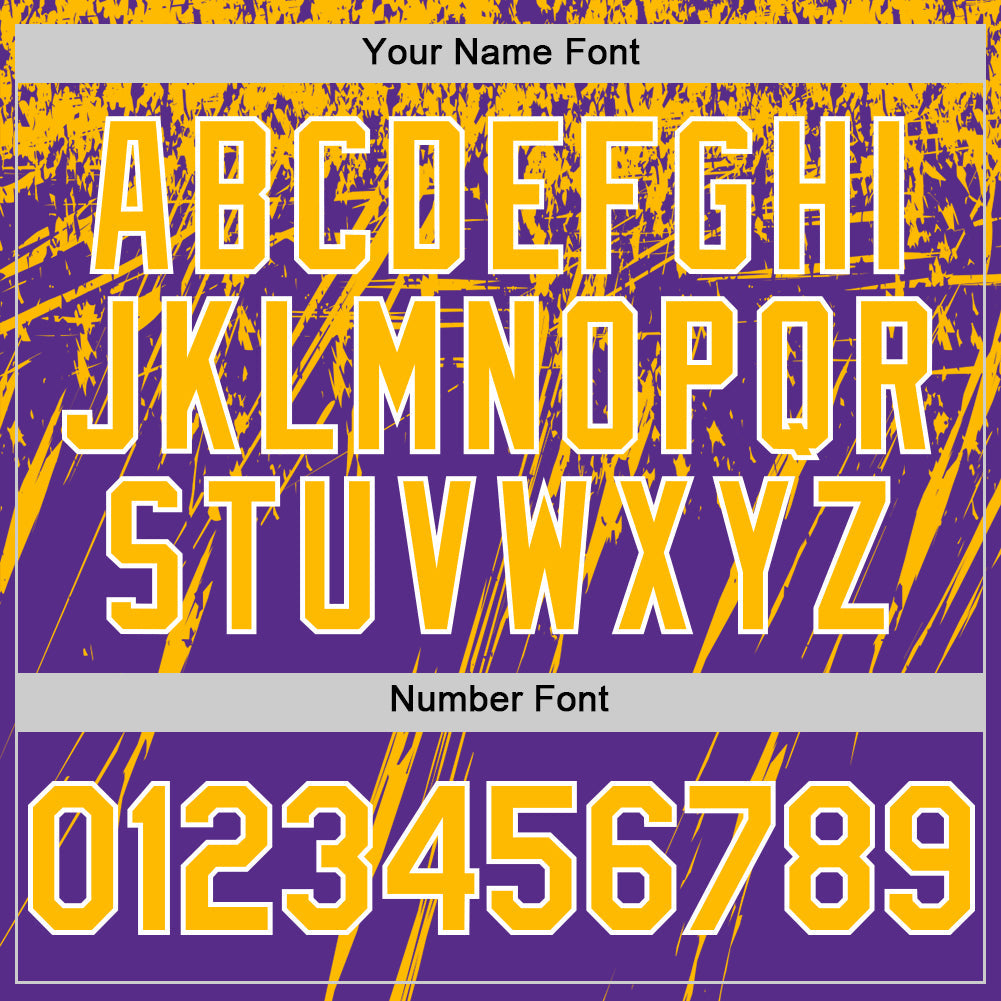 Custom Purple Gold-White Splash Bomber Full-Snap Varsity Letterman Hoodie Jacket view 6