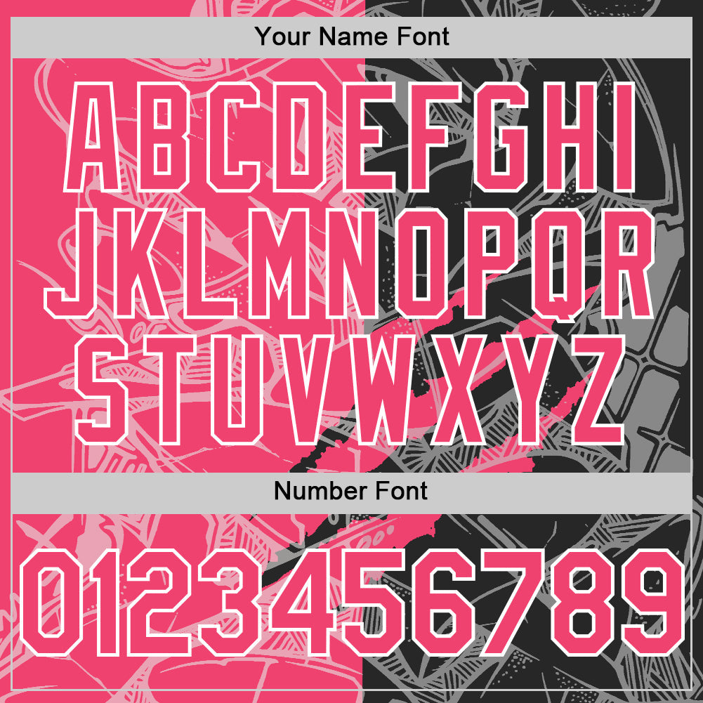 Custom Graffiti Pattern Neon Pink Black-White Scratch Bomber Full-Snap Varsity Letterman Hoodie Jacket view 6