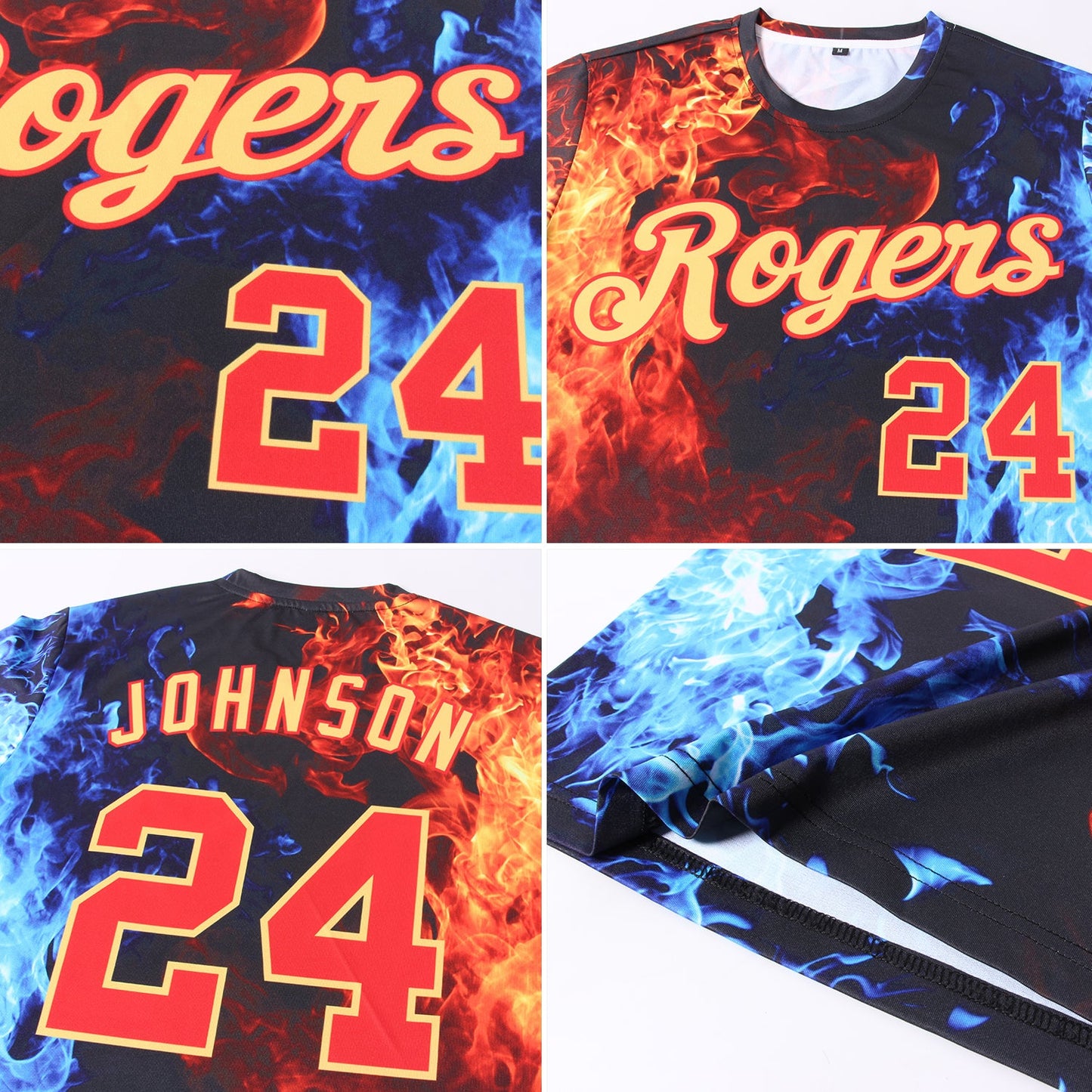 Custom Black Red Gold Royal-Light Blue Flame 3D Pattern Long Sleeve Performance T-Shirt view 5