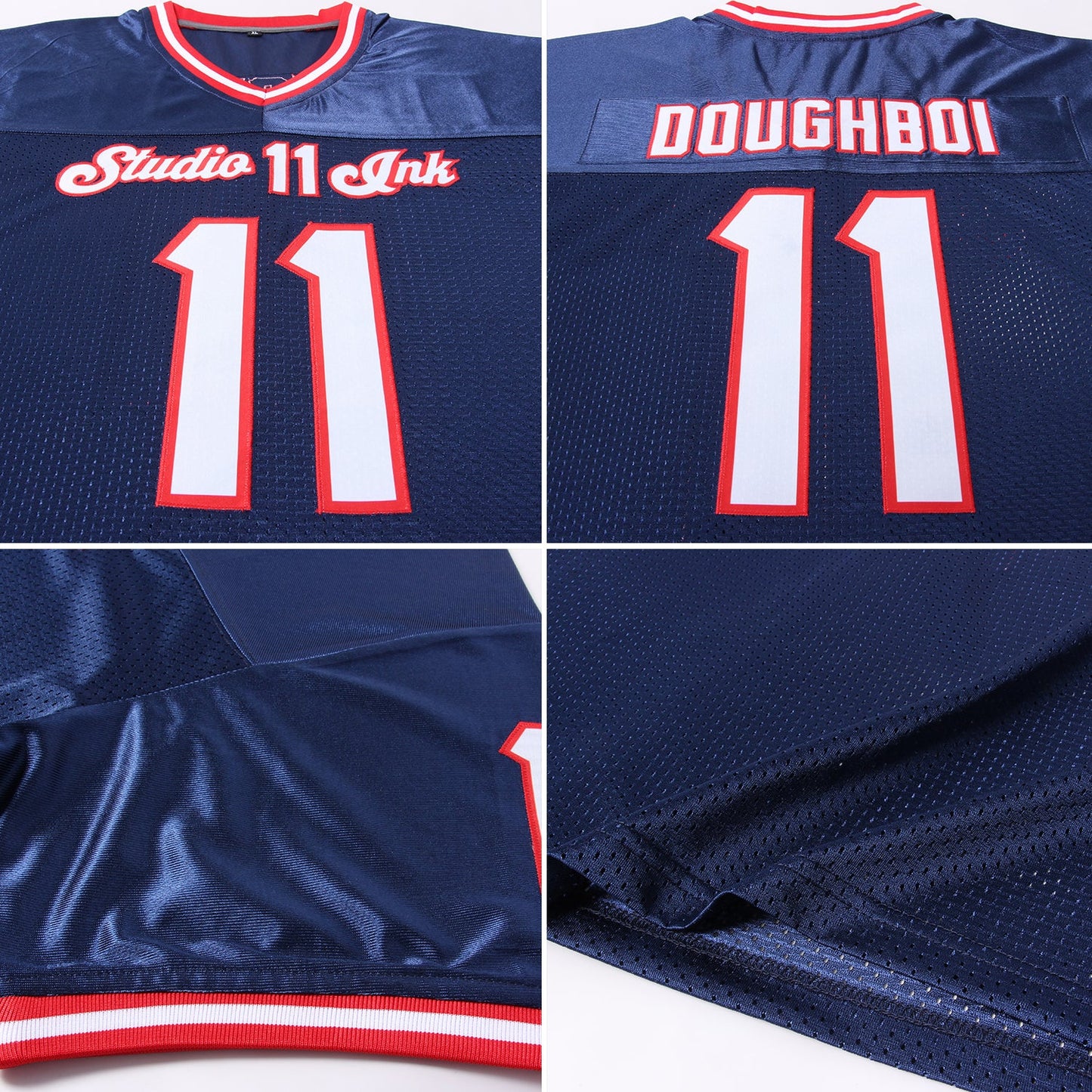 Custom Navy White-Red Mesh Authentic Throwback Football Jersey view 7