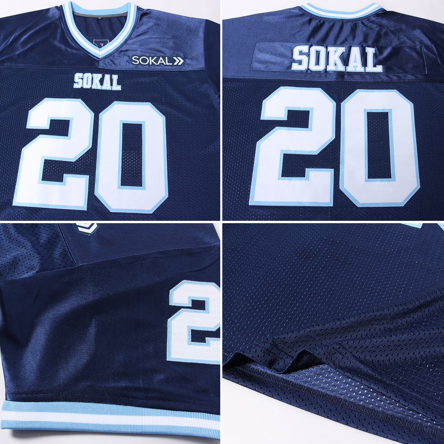 Custom Navy White-Light Blue Mesh Authentic Throwback Football Jersey view 5
