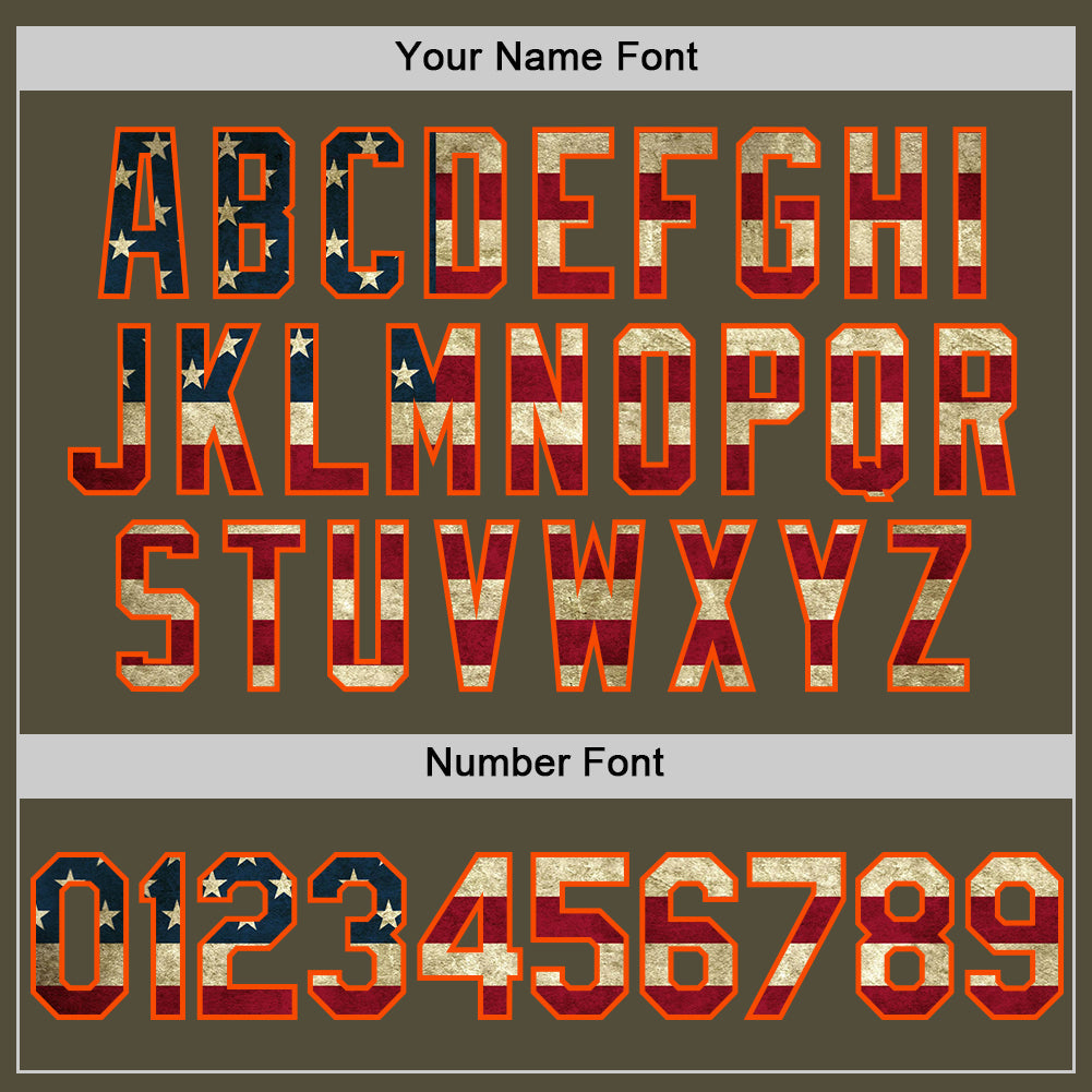 Custom Olive Vintage USA Flag-Orange Mesh Authentic Throwback Salute To Service Baseball Jersey view 5