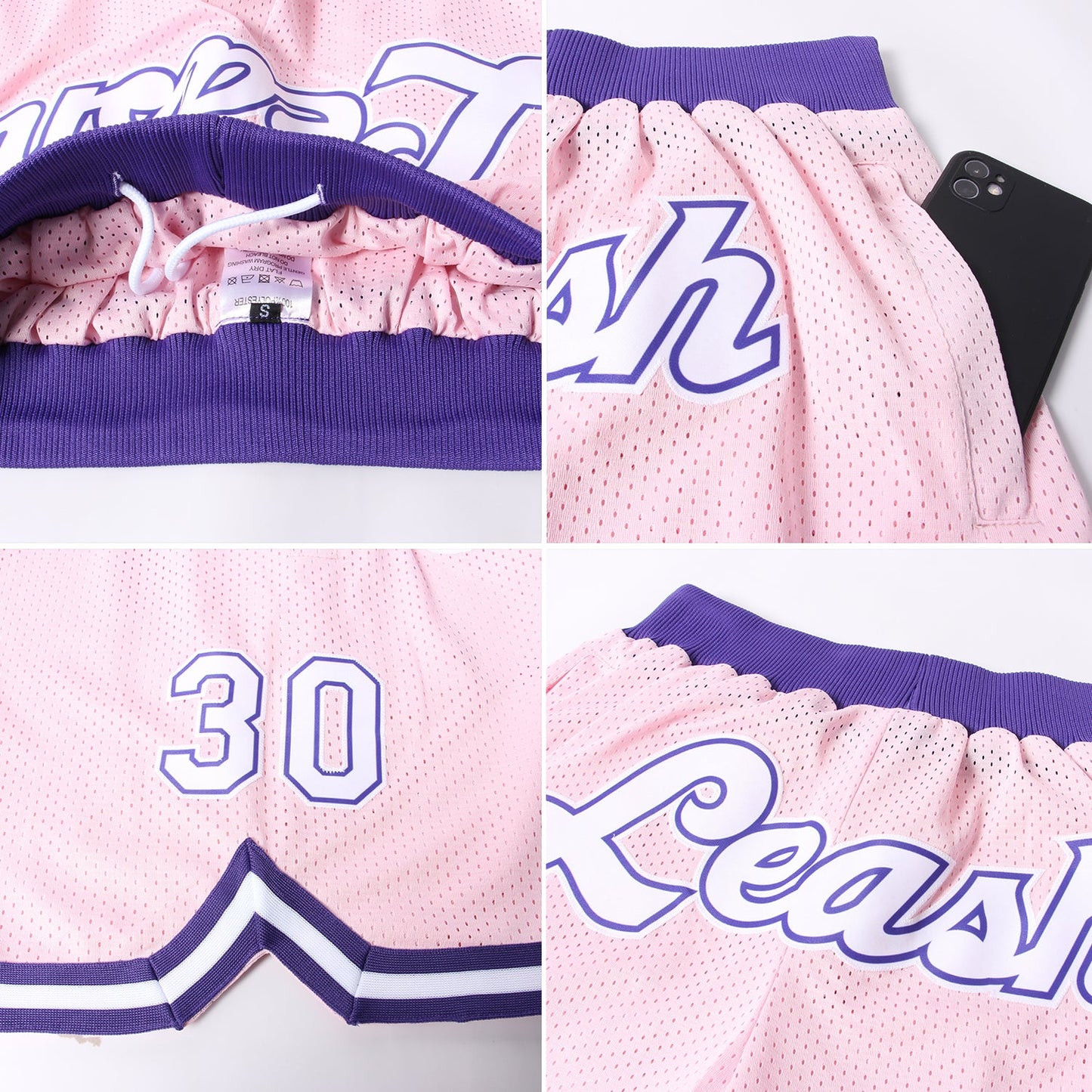 Custom Light Pink White-Purple Authentic Throwback Basketball Shorts view 4
