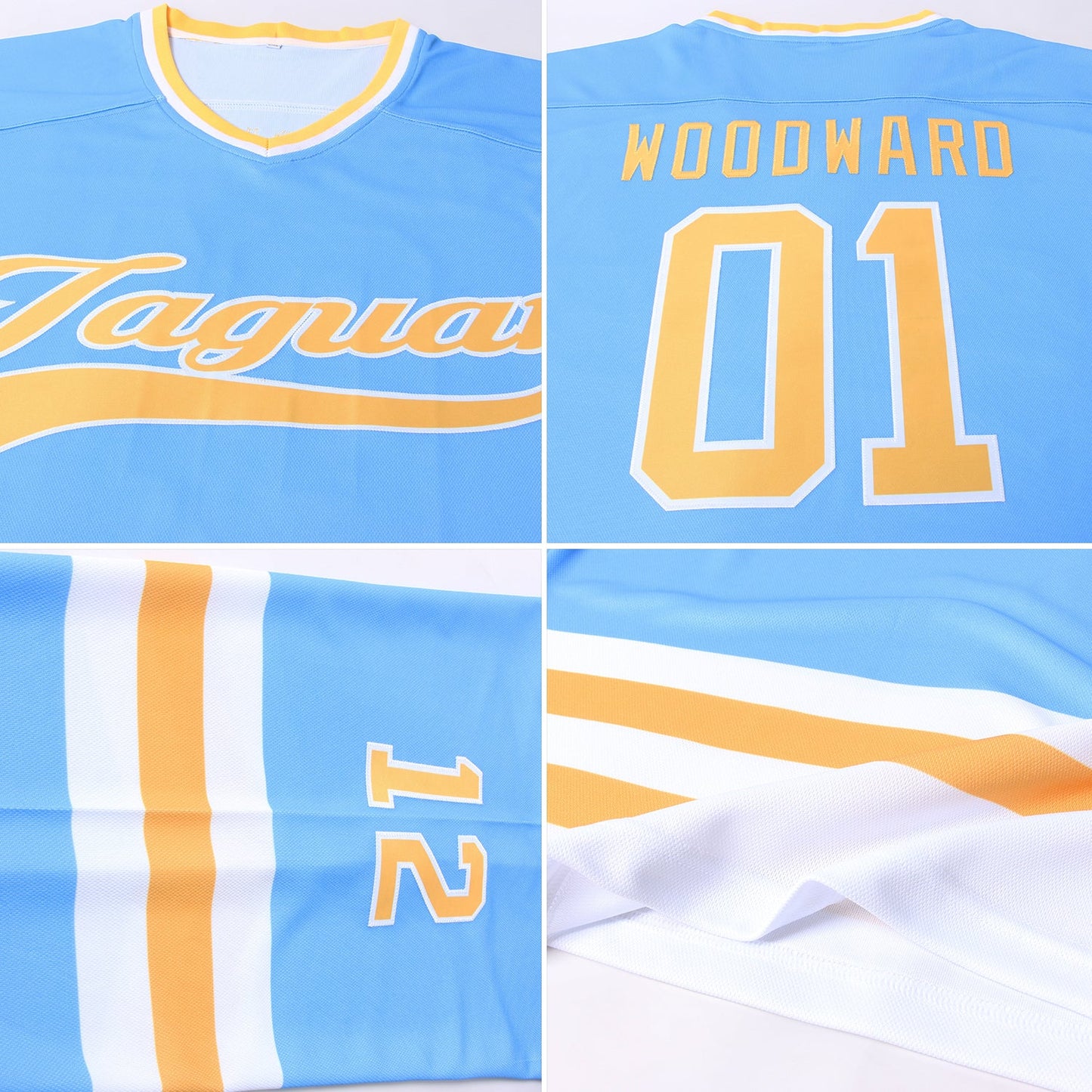 Custom Powder Blue Gold-White Hockey Jersey view 5