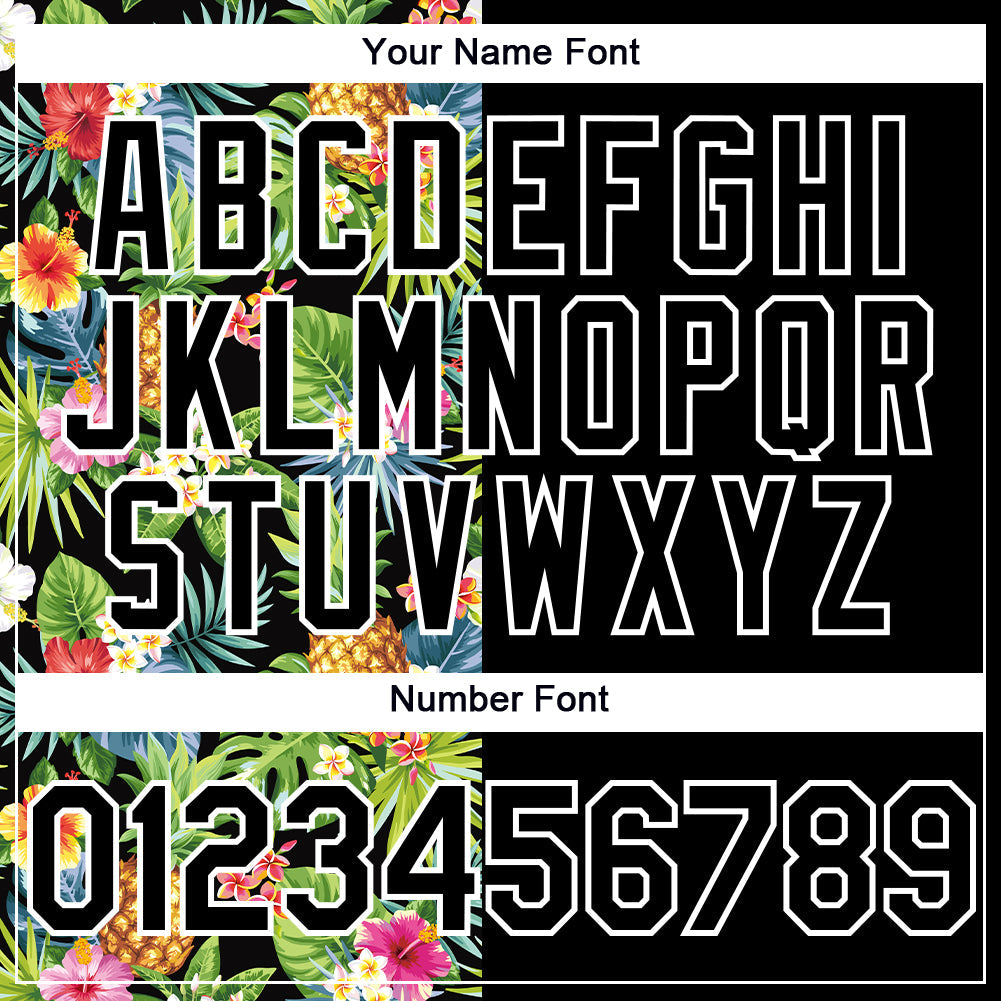 Custom Black White 3D Pattern Hawaii Tropical Pineapples, Palm Leaves And Flowers Two-Button Unisex Softball Jersey view 5