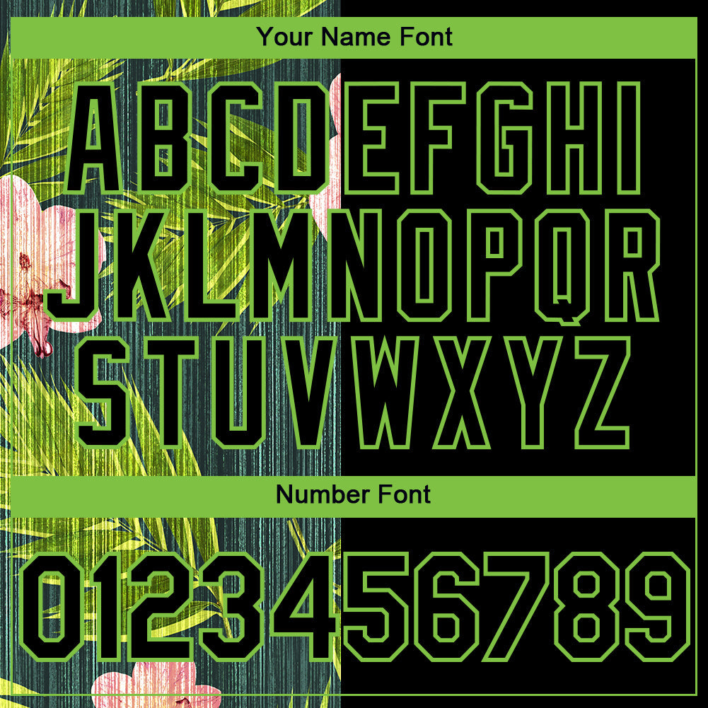 Custom Black Neon Green 3D Pattern Hawaii Tropical Palm Leaves With Orchids Two-Button Unisex Softball Jersey view 5