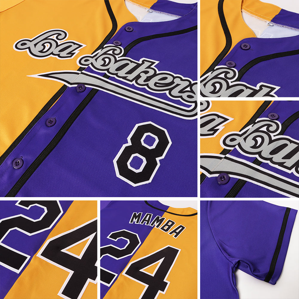 Custom Purple Black-Yellow Authentic Split Fashion Baseball Jersey view 6